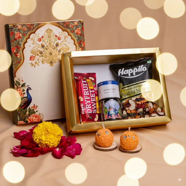Classic Celebration Hamper, a Diwali gift hamper with Happilo Nutmix, Happilo Dryfruit Sweet and Joyspoon Pan Shots