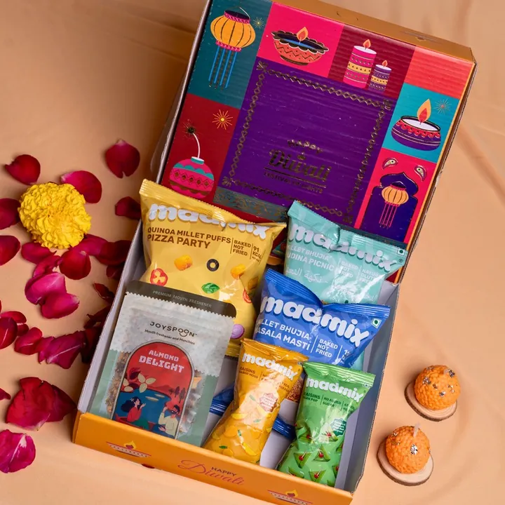 Classic Munchies Hamper, a Diwali gift hamper with Madmix Bhujiya, Madmix Millet Puffs and Madmix Raisins