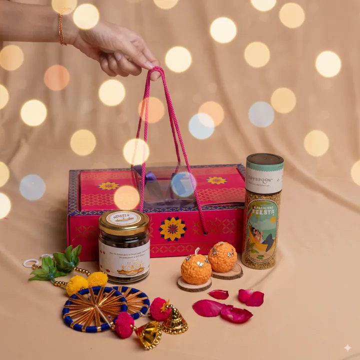 Festive Flavor Hamper, a Diwali gift hamper with Dry fruits mix jar, Joyspoon Mukhwas and Door hangings