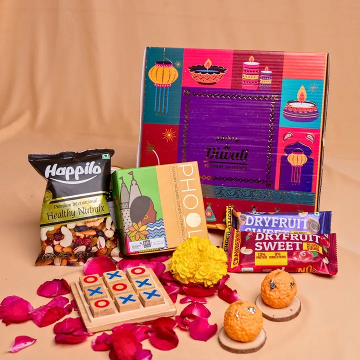Tradition & Treats Hamper, a Diwali gift hamper with Happilo Nutmix, Happilo Dryfruit Sweets and Phool incense cones